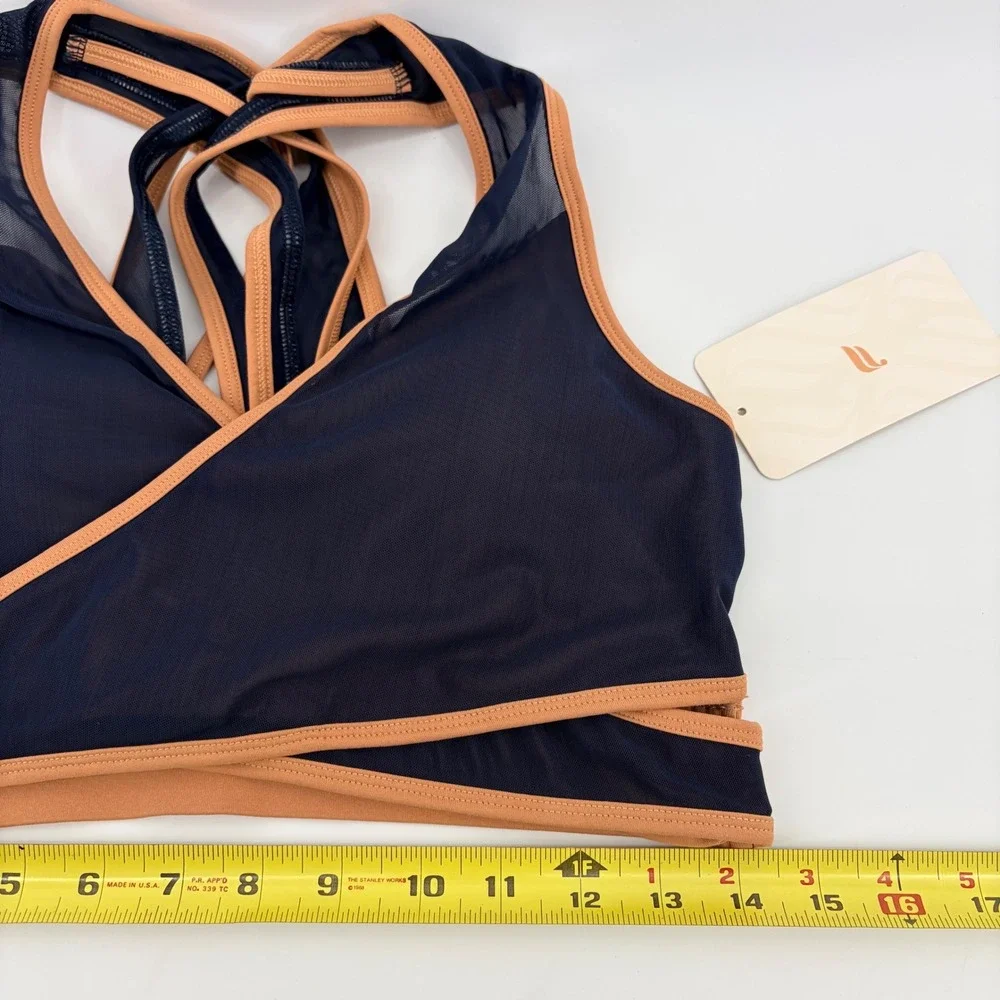 Fabletics Faye Medium Impact Sports Bra II Navy Blue Tan Mesh Strappy Large NEW - Picture 5 of 7